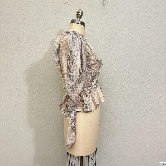 KARLIE Sheer Snakeskin Print Ruffled Blouse Batwing/Flutter Sleeve in Cream - Picture 6 of 12